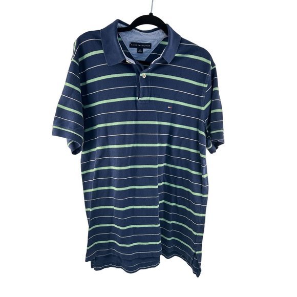 Tommy Hilfiger Polo Shirt Large Mens Navy with‎ Green Stripe Casual Short Sleeve - Picture 1 of 5